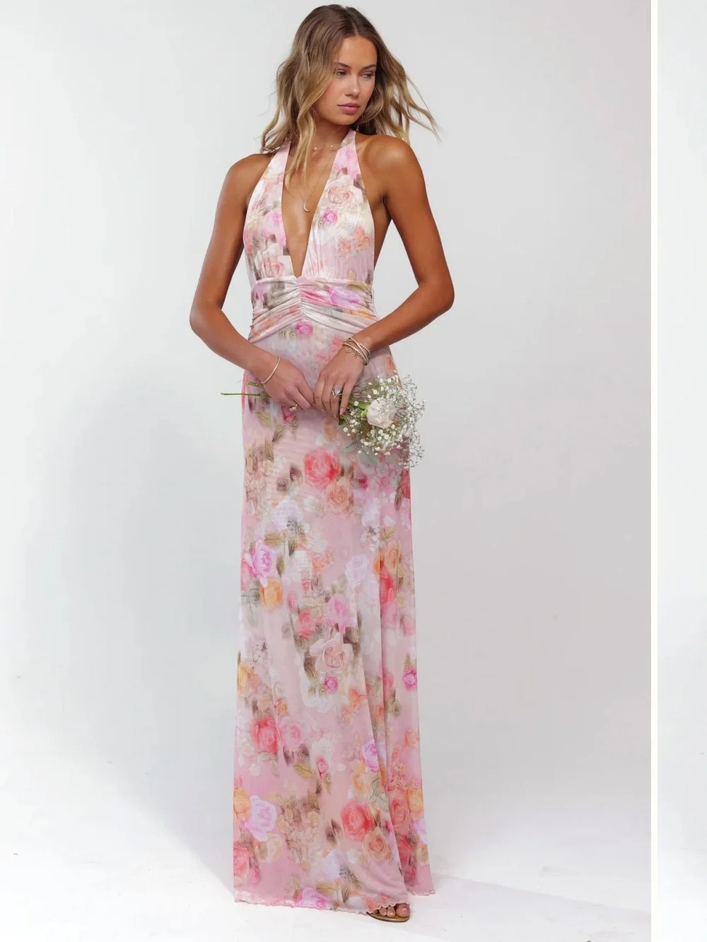 (Never Worn) RESA Pink Floral Halter V-Neck Maxi Dress